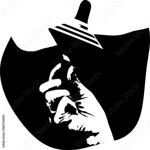Black silhouette illustration of a man wearing a hat and holding a sword