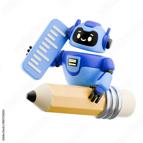 3D Robot Illustration with Ruler and Pencil, Symbolizing Learning and Creation