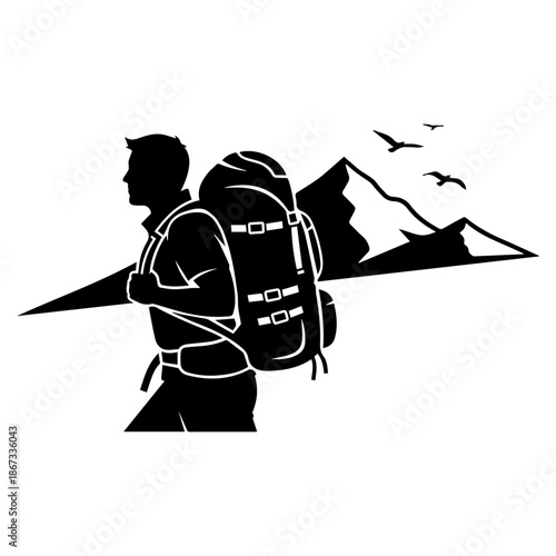 Man with backpack trekking through mountains