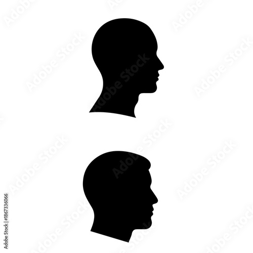 Silhouetted profiles of two individuals facing right, showcasing distinct facial structures and hairstyles against a plain white background