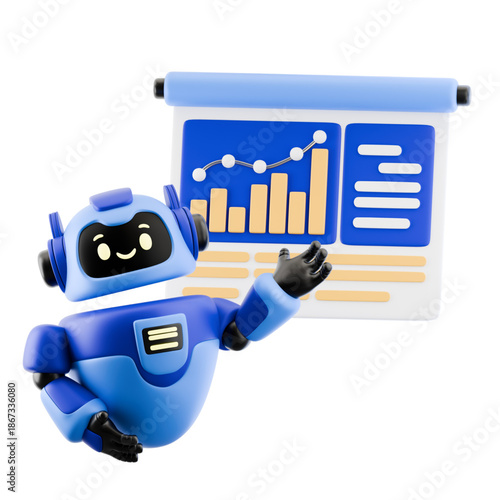 3D Robot Presenting Financial Growth Chart on Whiteboard