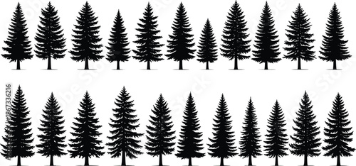Set of individual pine tree silhouettes, coniferous evergreen spruce icons for nature design, forest elements, cad drawing flat vector illustration