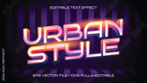 Urban Style Text Effect with Colorful Glow and 3D Metallic Letters on Striped Background