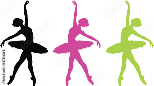Three Ballerinas in Black Pink and Green Silhouettes