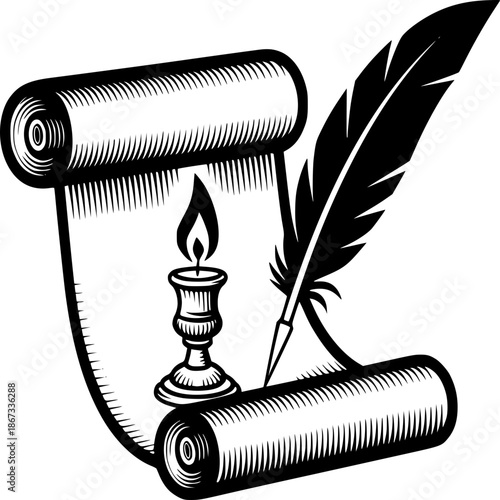 Vintage vector illustration of a feather quill pen with ink and inkwell isolated on white background