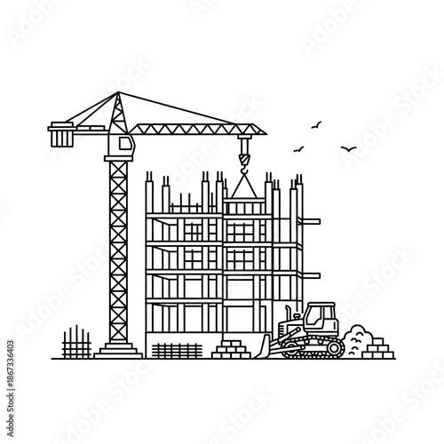 Construction Site Crane Building Under Construction Bulldozer Heavy Machinery.