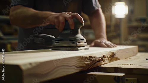 Woodworker carefully smoothing a wooden board with a power sander in his workshop