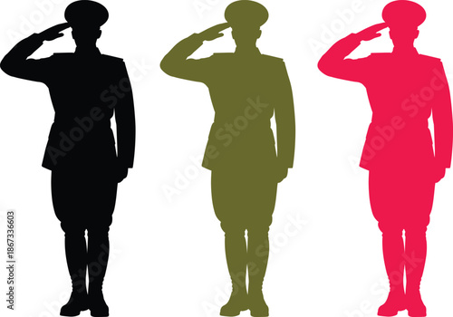 Three Silhouettes of Soldiers Saluting in Black Green and Red