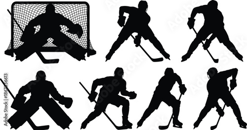Ice hockey player silhouettes vector illustration set featuring goalie and skater action poses isolated on white background for sports design projects
