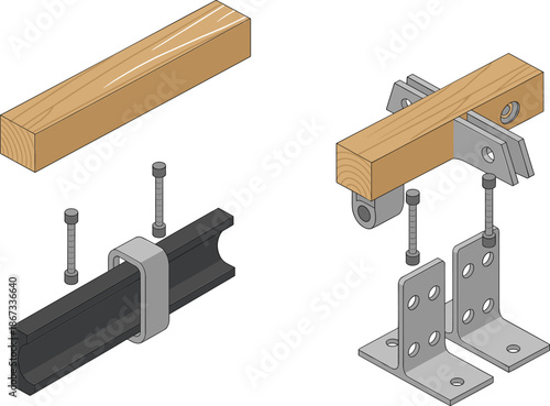 Wood and metal construction hardware vector illustration showing beam brackets bolts screws and connectors in exploded view isolated on white background