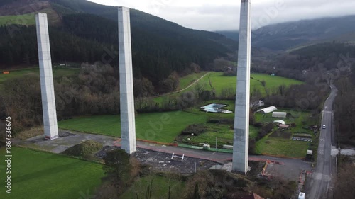 aerial view of the construction of a bridge for high speed train TAV in the Basque Country 