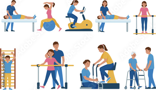 Diverse physical therapy and rehabilitation exercises with patients and therapists using equipment for recovery, mobility, strength training, and elderly support in clinical settings.