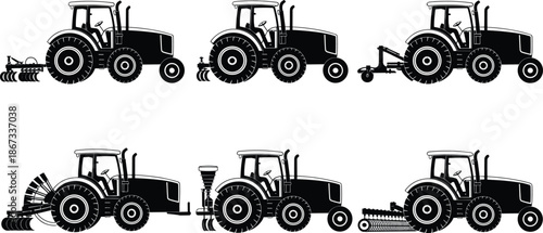 Black tractor silhouette vector set showing agricultural farm machinery equipment isolated on white background for farming, rural, and agribusiness design projects
