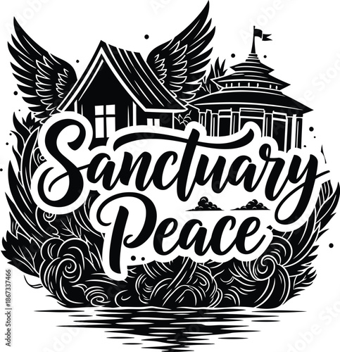 Sanctuary Peace Decorative Typography Vector Black Monochrome Transparent Background Emblem With Dove And Calm Symbols For Wellness Branding