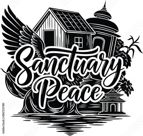 Sanctuary Peace Decorative Typography Vector Black Monochrome Transparent Background Emblem With Wings And Calm Motifs For Wellness Branding