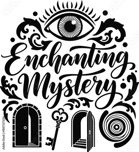 Secret Enchanting Mystery typography emblem with keyhole door vector illustration for curiosity themes discovery branding and hidden truth graphic design concepts