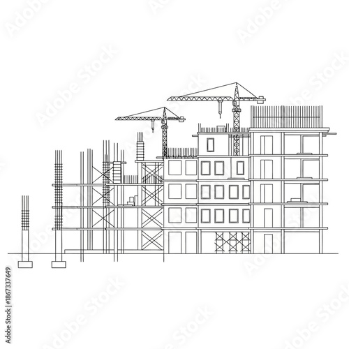 Construction site building under development cranes scaffolding.