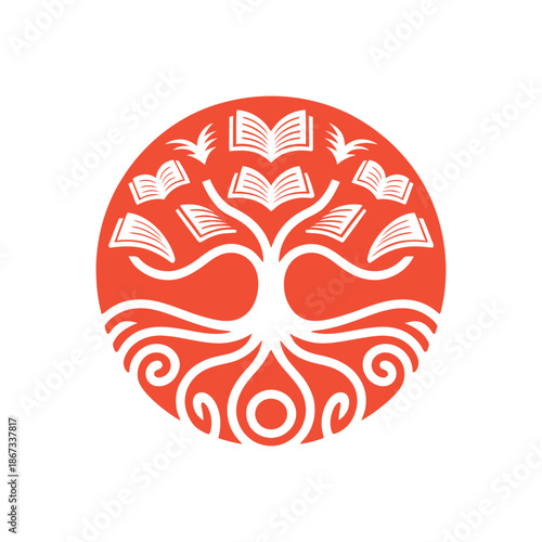 Tree of Knowledge Symbol with Books and Birds.