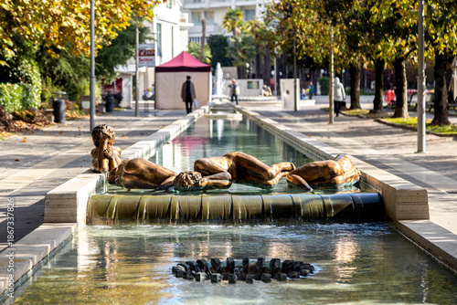 Bronze sculptures in the Lunga Fountain in the city center of Abano Terme, Italy