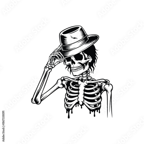 Skeleton wearing a fedora hat tipping it politely.