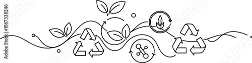 Abstract black and white line art design illustrating the continuous cycle of recycling, sustainability, and nature integration through flowing organic elements