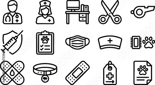 Veterinary Medical Staff and Pet Care Line Icons Set, Animal Clinic Healthcare Outline Symbols