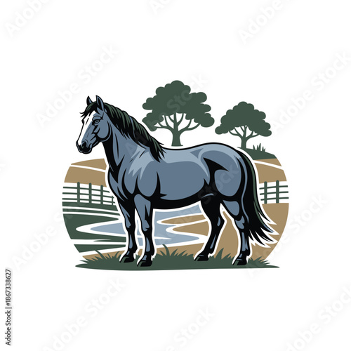A majestic dark gray horse standing in a field with trees.