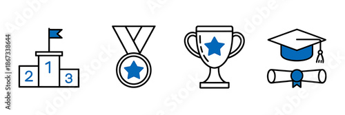 Achievement and success icons: podium, medal, trophy, and graduation symbols