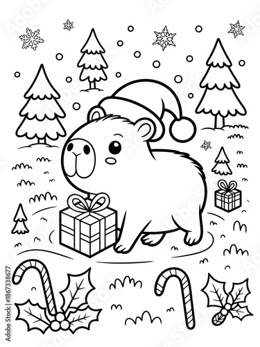 A cute bear wearing a Santa hat stands in a snowy forest surrounded by decorated trees