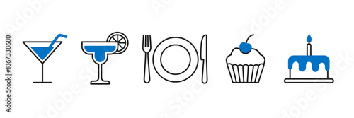 A collection of food and drink icons representing celebration, party, and dining experiences