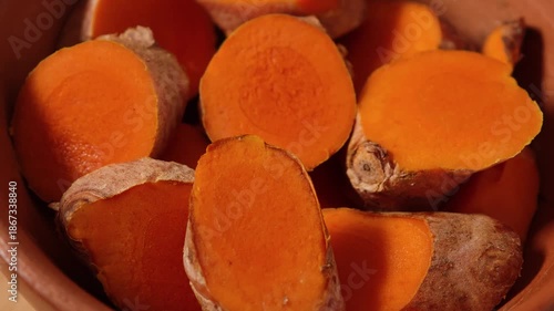 Close-up of sliced ​​fresh turmeric.