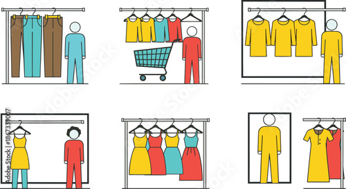 Clothing store shopping illustration with customers choosing shirts dresses and pants fashion retail concept