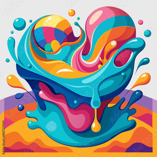 Vibrant colorful liquid splash with swirling shapes and droplets