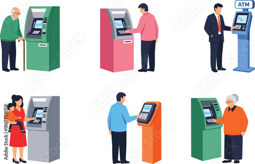 People using ATM machines illustration showing cash withdrawal banking service self service payment terminal concept