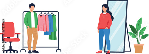 Man and woman choosing clothes illustration showing fashion fitting room mirror outfit selection and wardrobe styling scene