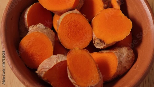 Close-up of sliced ​​fresh turmeric.