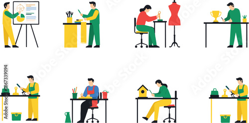 People working on creative crafts illustration showing sewing woodworking painting design and handmade activities in workshop scenes