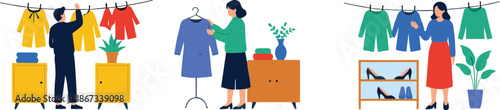People organizing clothes illustration showing wardrobe management fashion selection hanging garments and home clothing arrangement scenes