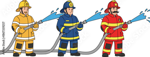 Firefighter team in yellow blue and red uniforms spraying water with hose, professional firemen characters set, flat vector illustration