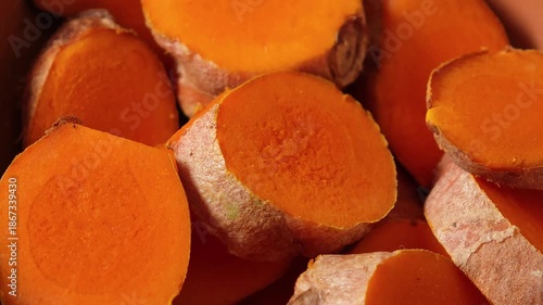 Close-up of sliced ​​fresh turmeric.