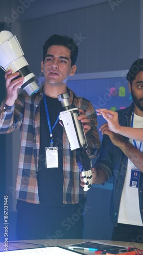 Startup team assembling and inspecting a robotic arm in a meeting. Experts collaborate on advanced prosthetic engineering and automated AI technology for disability support in a workshop.