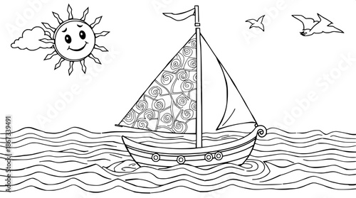 Children's coloring book page featuring a stylized sailboat with intricately patterned sails billowing in the wind, set against a serene body of water with gentle waves, accompanied by a cheerful sun 