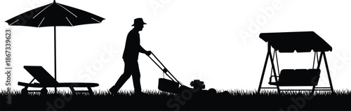 Gardener mowing lawn silhouette, outdoor yard maintenance scene with grass cutter, garden furniture umbrella swing, flat black vector illustration design