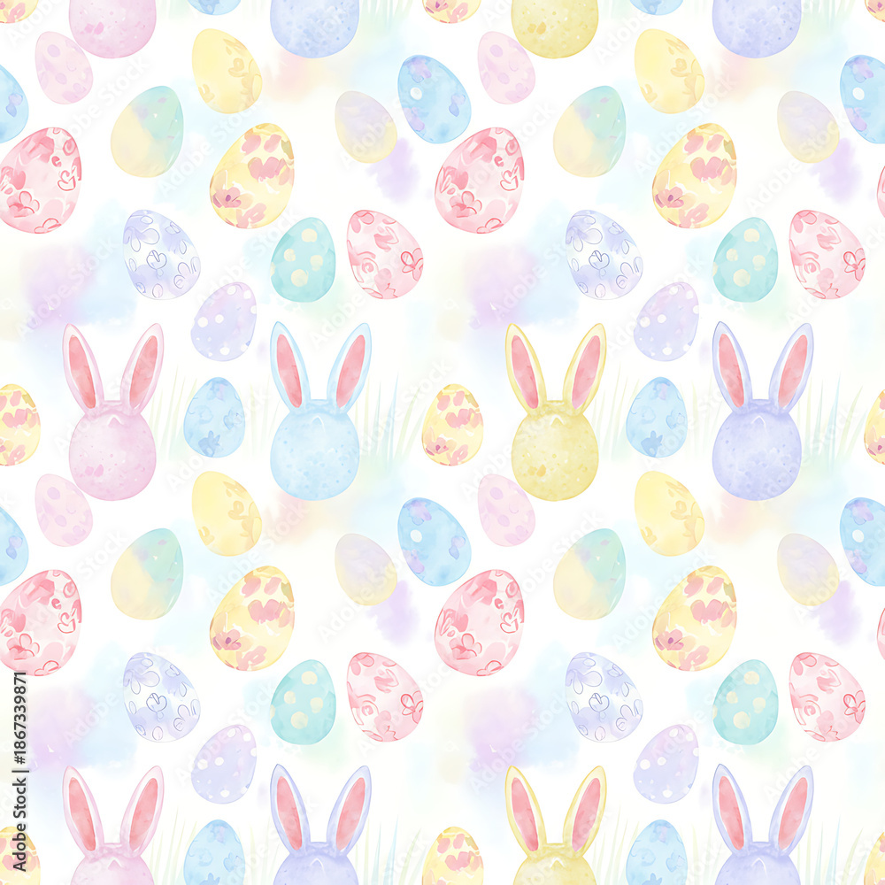 Obraz premium Soft Pastel Easter Eggs and Bunny Ears Seamless Pattern Background. Gentle Spring Holiday Repeatable Vector Design.