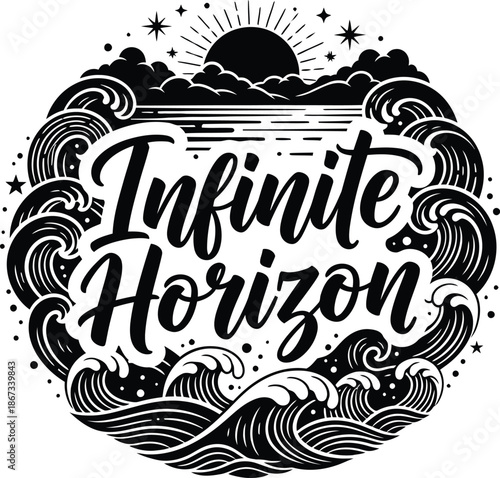 Vast Infinite Horizon typography emblem with ocean sunset vector illustration for calm themes travel branding and limitless possibility graphic design concepts