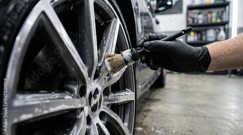 Wallpaper Mural Automotive care action car wash bay photo of wheel cleaning indoor garage environment close-up view detailing techniques Torontodigital.ca