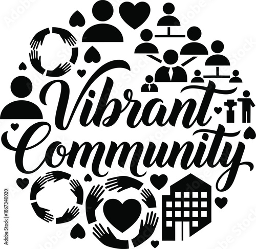 Vibrant Community Decorative Typography Vector Black And White Emblem With People And Heart Icons For Social Branding And Print Media
