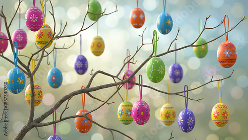 Dreamy Easter Egg Tree Branches with Soft Bokeh Background. Festive Spring Decoration Photography.