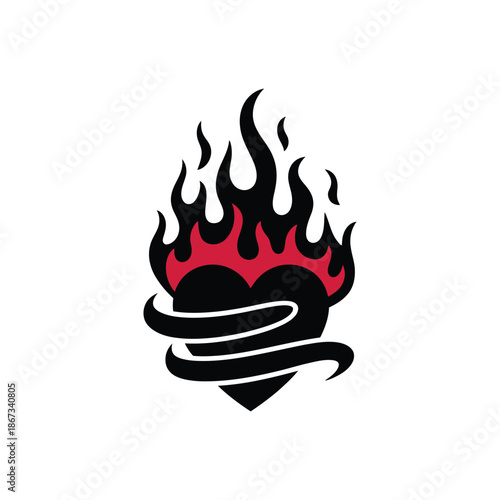 Black heart with flames and ribbon graphic illustration.