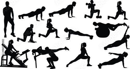 Gym fitness workout silhouettes collection with people exercising, men and women doing pushups, lunges, weightlifting, and cardio training icons set for sports design,